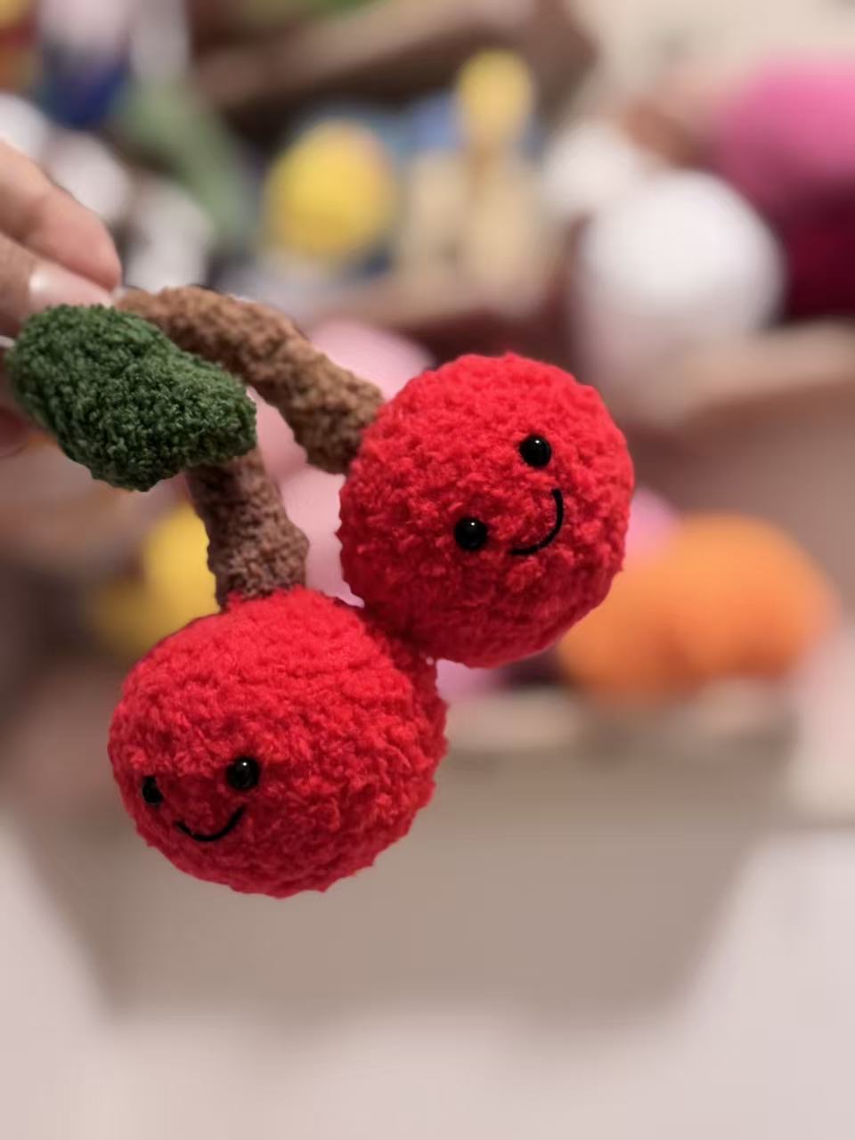 Twin Cherry Amigurumi Crochet Pattern – finished amigurumi made with plush yarn
