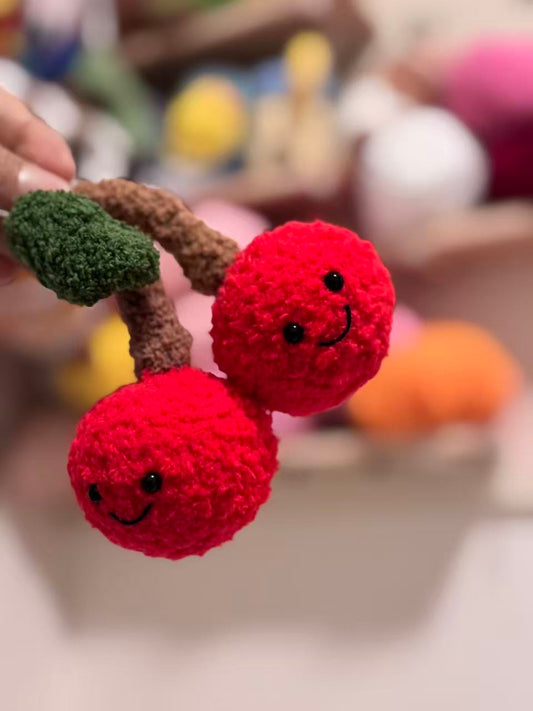 Twin Cherry Amigurumi Crochet Pattern – finished amigurumi made with plush yarn